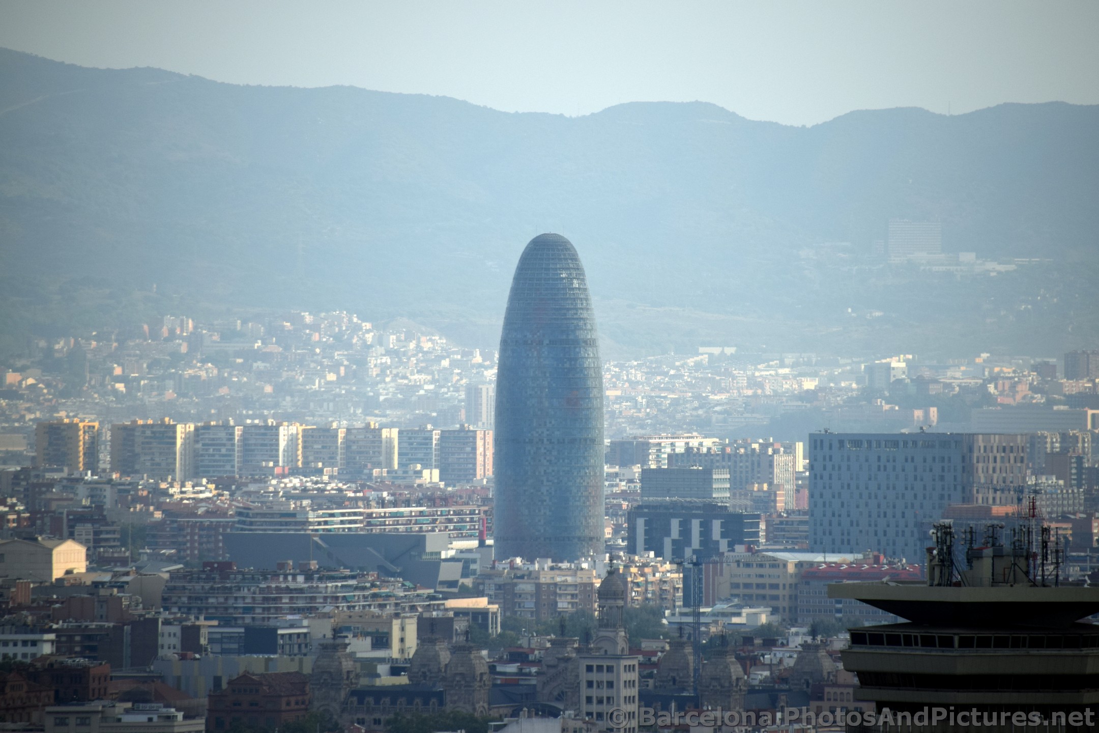 Torre Agbar building seen from Montjuic.jpg